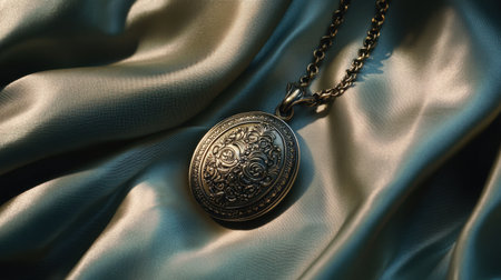 An elegant vintage locket rests gracefully on a silky fabric, featuring an intricate floral design. This stunning piece captures timeless beauty and craftsmanship under soft, warm light.の素材