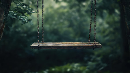 A serene wooden swing hangs from chains amidst a lush green forest, surrounded by tall trees. The natural light creates a peaceful atmosphere, perfect for reflection and relaxation.の素材