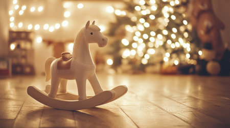 A delightful wooden rocking horse sits prominently on a cozy floor, illuminated by soft holiday lights and complemented by a beautifully decorated Christmas tree in a festive setting.の素材