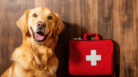 A cheerful golden retriever poses beside a bright red first aid kit, symbolizing the importance of pet safety and emergency preparedness for dog owners and families.の素材