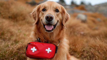 A cheerful golden retriever poses in a sunlit meadow with a first aid kit, symbolizing joy and care in outdoor adventures and a loving companion for nature lovers.の素材
