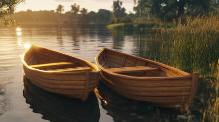 Two wooden boats gently rest on a tranquil lake during sunset, surrounded by lush greenery, reflecting the warm glow of evening light for a peaceful outdoor scene.の素材