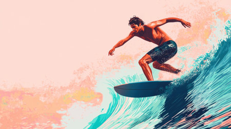 A dynamic image of a surfer deftly riding a large wave, set against a backdrop of vibrant colors and a stunning sunset, evoking feelings of adventure and freedom.の素材