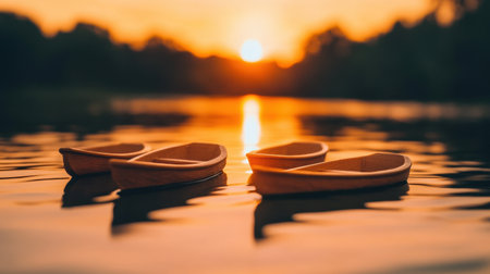 Beautiful sunset with three wooden boats floating on calm water, creating a serene atmosphere. Perfect image for evoking peace and connection with nature.の素材