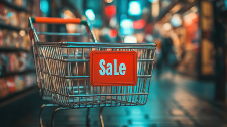 This image features a shopping cart prominently displaying a sale sign, set in a vibrant retail space filled with visual excitement, inviting consumers to explore great deals.の素材