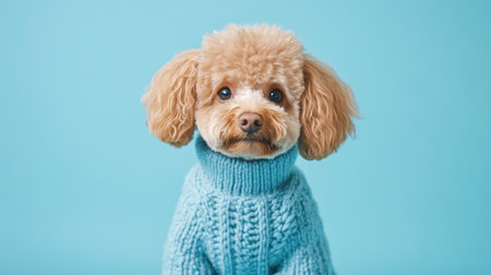 Adorable small dog wearing a cozy knitted sweater, displaying a cute expression and bright personality, perfect for pet lovers and winter-themed projects.の素材