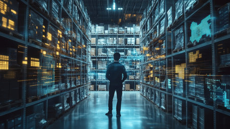 A contemplative worker stands in a modern warehouse, surrounded by automated inventory systems and digital data displays, showcasing the integration of technology in logistics.の素材