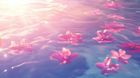 Experience a tranquil scene featuring delicate pink flowers floating gracefully on shimmering water, illuminated by soft sunlight, bringing a sense of peace and beauty to any setting.の素材