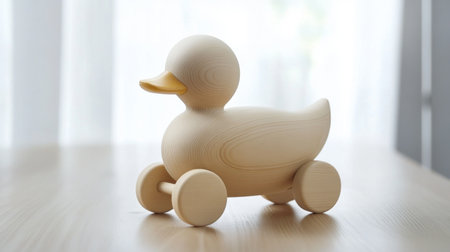 This charming wooden toy duck with wheels is perfect for children's playtime, crafted from natural wood for a safe and engaging experience that enhances creativity and imagination.の素材