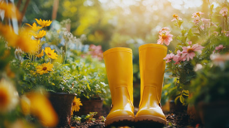 Bright yellow rubber boots stand among colorful flowers in a lush garden, capturing the essence of springtime and nature's beauty during golden hour for gardening enthusiasts.の素材