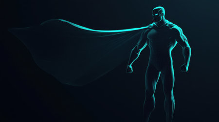 This striking image features a superhero silhouette with a flowing cape, embodying strength and power against a dark backdrop, perfect for various creative projects.の素材