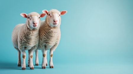 Two fluffy sheep pose together against a bright blue background, embodying innocence and charm. This image captures the beauty of farm life and animal companionship perfectly.の素材