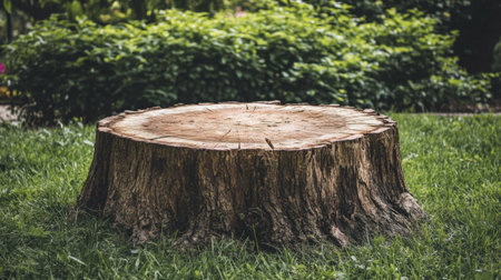 A rustic tree stump sits centrally in a lush green park, symbolizing the cycle of life and decay. The vibrant greenery enhances the serene atmosphere of nature.の素材