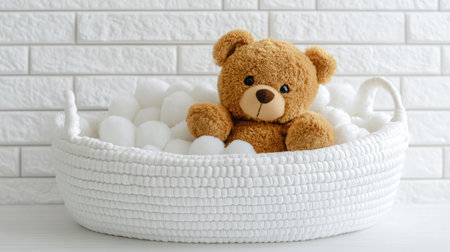 A charming teddy bear nestled in a fluffy basket filled with white pom poms, providing a delightful setting for children's photography and cozy decor.の素材