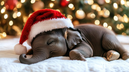 A charming baby elephant peacefully sleeps while wearing a festive Santa hat, embodying the warmth and joy of the holiday season amidst a beautifully decorated Christmas tree.の素材
