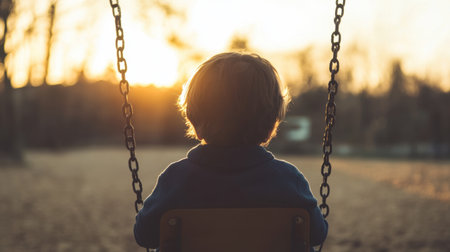 Young child swings gently at sunset, capturing a moment of joy and innocence in a serene park environment filled with warm natural light and beautiful scenery.の素材