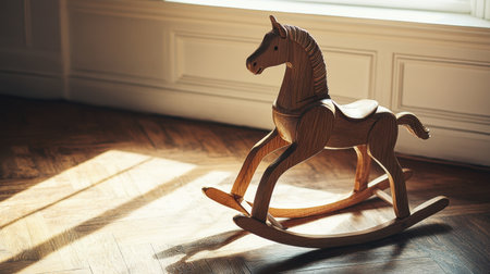 A charming vintage wooden rocking horse toy sits gracefully on a sunlit floor, embodying the essence of childhood joy and nostalgia in a beautifully decorated room.の素材