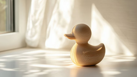 A charming wooden duck sculpture captures a serene moment in soft sunlight on a windowsill, adding warmth and aesthetic appeal to any cozy interior setting.の素材