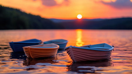 Experience the serene beauty of colorful boats floating on a calm lake during a stunning sunset, creating a tranquil atmosphere perfect for relaxation and nature appreciation.の素材