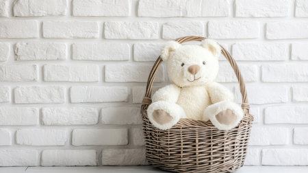Adorable teddy bear nestled in a wicker basket, set against a stylish white brick wall, creating a charming and heartwarming atmosphere perfect for children and decor.の素材