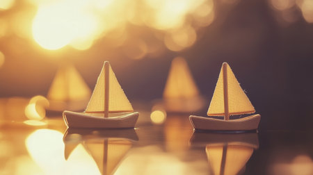 A pair of miniature sailboats gently floating on a reflective surface, bathed in warm golden light during sunset, evoking peace and serene moments.の素材