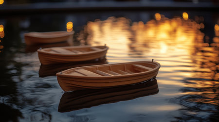 Experience the serene beauty of wooden boats floating on still water, reflecting the stunning colors of a sunset, creating a peaceful and tranquil atmosphere for nature lovers.の素材