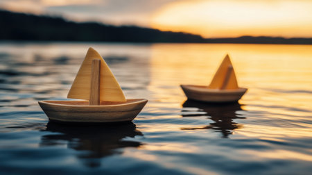 Two wooden sailboats float gently on a calm lake during sunset, surrounded by warm colors and peaceful reflections, symbolizing tranquility and nostalgia.の素材