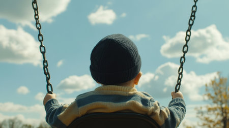 A joyful child swings gently at the playground, gazing up at a bright blue sky adorned with fluffy clouds, embodying innocence and carefree childhood moments.の素材