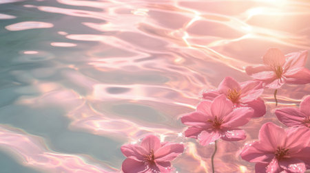 Delight in the serene beauty of pink blossoms gently floating on a calm water surface, enhanced by soft sunlight reflections that create a dreamy and tranquil atmosphere.の素材
