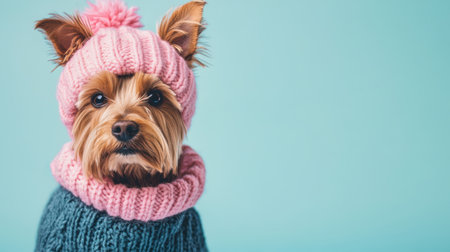 A charming Yorkshire Terrier dressed in a stylish pink hat and scarf against a soothing light blue background, embodying warmth and cuteness for pet enthusiasts.の素材