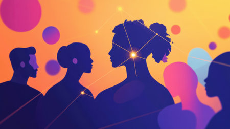 This illustration showcases the silhouettes of diverse individuals set against a vibrant, colorful background, symbolizing connection and social interaction in a modern world.の素材