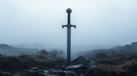 A stunning image of a sword embedded in the ground, surrounded by misty terrain, creating a mystical atmosphere that evokes feelings of adventure and legend. Perfect for storytelling.の素材