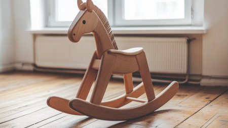 A charming wooden rocking horse placed in a bright room, showcasing a minimalist design that brings warmth and nostalgia to any childの素材