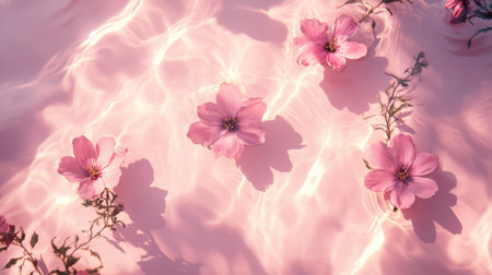 Tranquil image featuring soft pink flowers floating gracefully on the water's surface, creating a serene and peaceful atmosphere perfect for nature-inspired projects.の素材