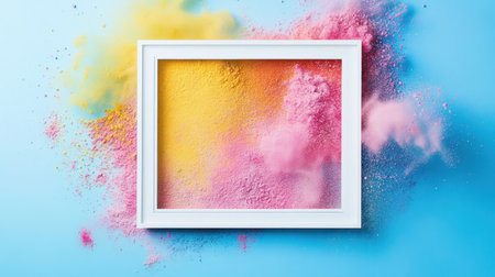 A vibrant display of colorful powder in a white frame against a soft blue background, creating an artistic and playful presentation in stock photography.の素材