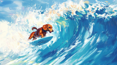 A lively dog expertly rides a surfboard through crashing waves, capturing the essence of summer fun and the joyful spirit of canine adventures by the ocean.の素材