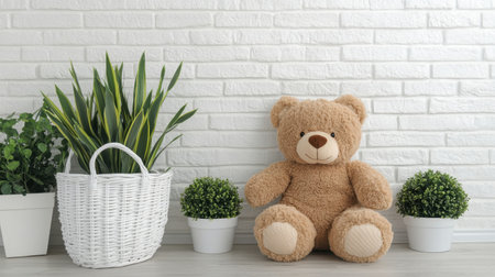 This image showcases a plush teddy bear sitting comfortably amidst potted plants, creating a warm and inviting atmosphere perfect for a cozy indoor setting.の素材