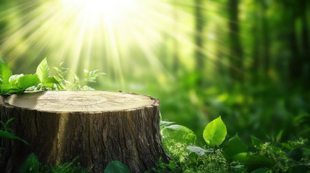A beautiful scene of a tree stump bathed in warm sunlight, surrounded by rich greenery, displaying the tranquility and beauty of a peaceful forest environment.の素材