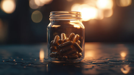 A transparent glass jar filled with golden capsules, elegantly illuminated by warm sunset light, creating a soothing atmosphere and reflecting wellness and tranquility.の素材