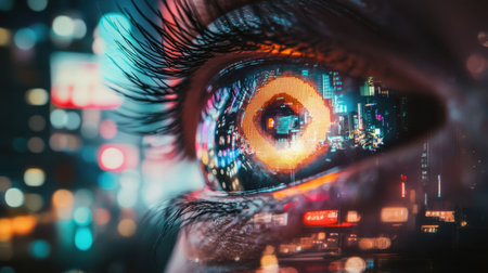 A mesmerizing close-up of an eye capturing a vibrant urban landscape, reflecting colorful neon lights and dynamic city life, creating a captivating surreal imagery.の素材