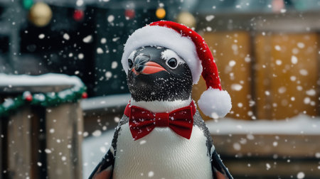 Adorable penguin dressed in a Santa hat and bow tie, surrounded by falling snowflakes, radiating holiday cheer and capturing the spirit of winter celebrations.の素材