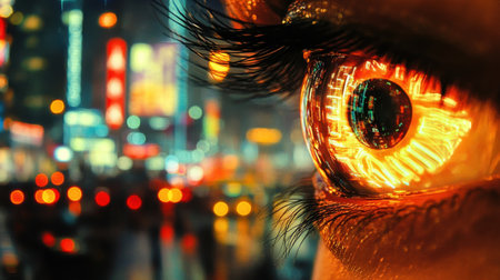 This image features a close-up of a mesmerizing human eye reflecting vibrant neon city lights, showcasing a striking blend of nature and urban technology, evoking a sense of wonder.の素材