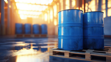 This image showcases blue barrels on a wooden pallet in a softly lit industrial warehouse, creating a unique atmosphere with reflections and natural light.の素材