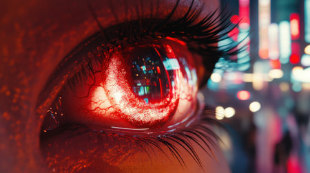 A striking close-up of a futuristic eye featuring vibrant neon reflections, encapsulating a high-tech atmosphere in a bustling urban setting, perfect for creative projects.の素材