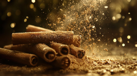 A stunning close-up view showcasing cinnamon sticks and ground spice, illuminated by golden particles that create a warm and inviting atmosphere ideal for culinary and seasonal themes.の素材