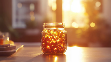 A glass jar filled with glowing golden capsules sits on a table, beautifully illuminated by warm sunset light, showcasing the natural beauty of dietary supplements in a serene environment.の素材