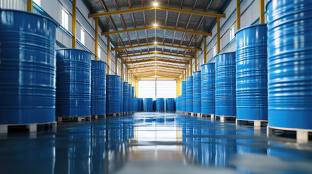 This striking image showcases a modern industrial warehouse featuring numerous blue storage drums organized on wooden pallets under bright, reflective lighting.の素材