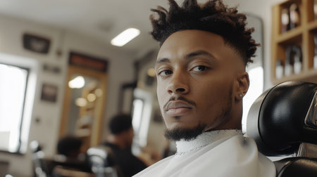 Young man sits confidently in a barbershop chair, showcasing a stylish haircut and a modern grooming experience, surrounded by barber tools and a vibrant atmosphere.の素材