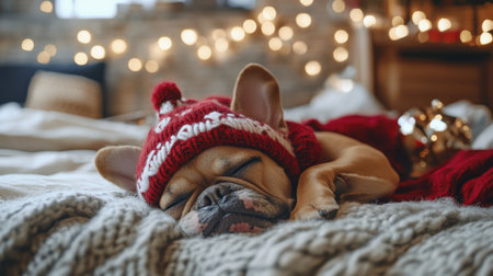 A precious French Bulldog sleeps serenely in a festive sweater, surrounded by warm holiday lights and cozy blankets, capturing the essence of winter comfort and joy.の素材