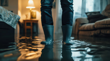 A person stands in gray rubber boots amidst a flooded living room, with water reflecting the soft glow of a lamp, highlighting the impact of water damage after a storm.の素材